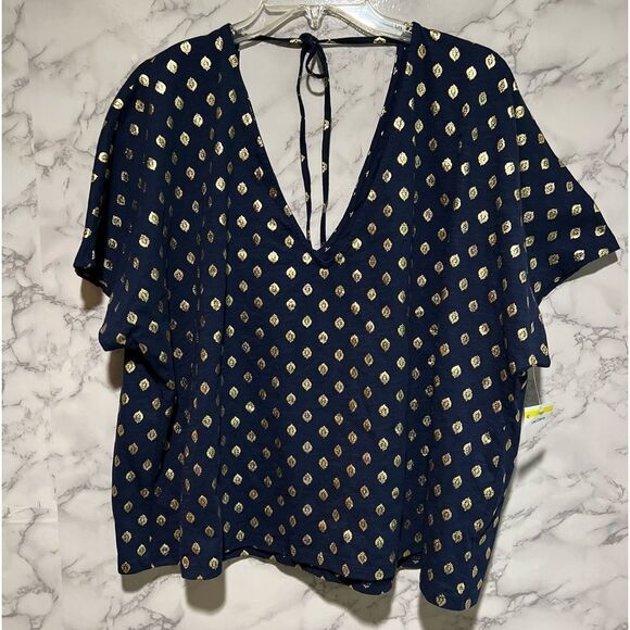 Boden V-Back Leaf Print Jersey Top, French Navy/Gold Size 20/22 - Picture 5 of 12